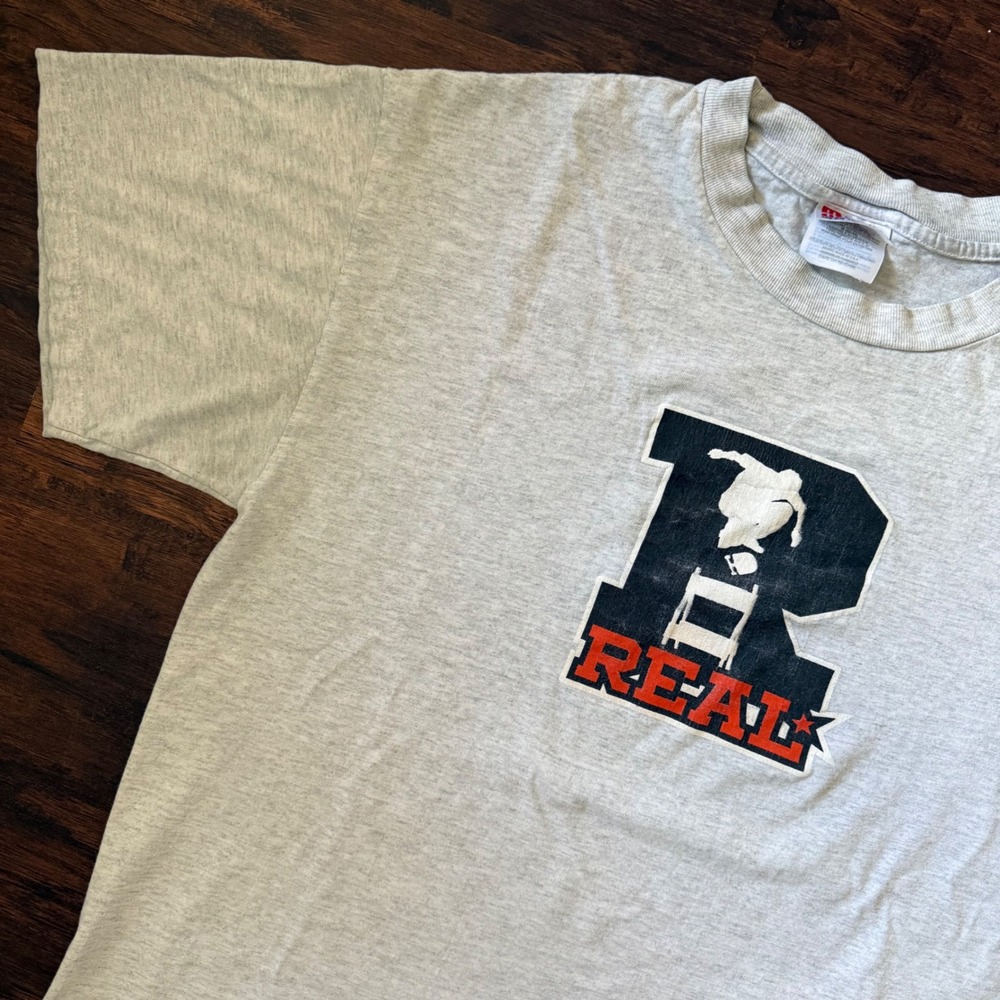 90s Vintage REAL Skateboards‎ T Shirt Mens L Gray Skater Graphic Tee 1996